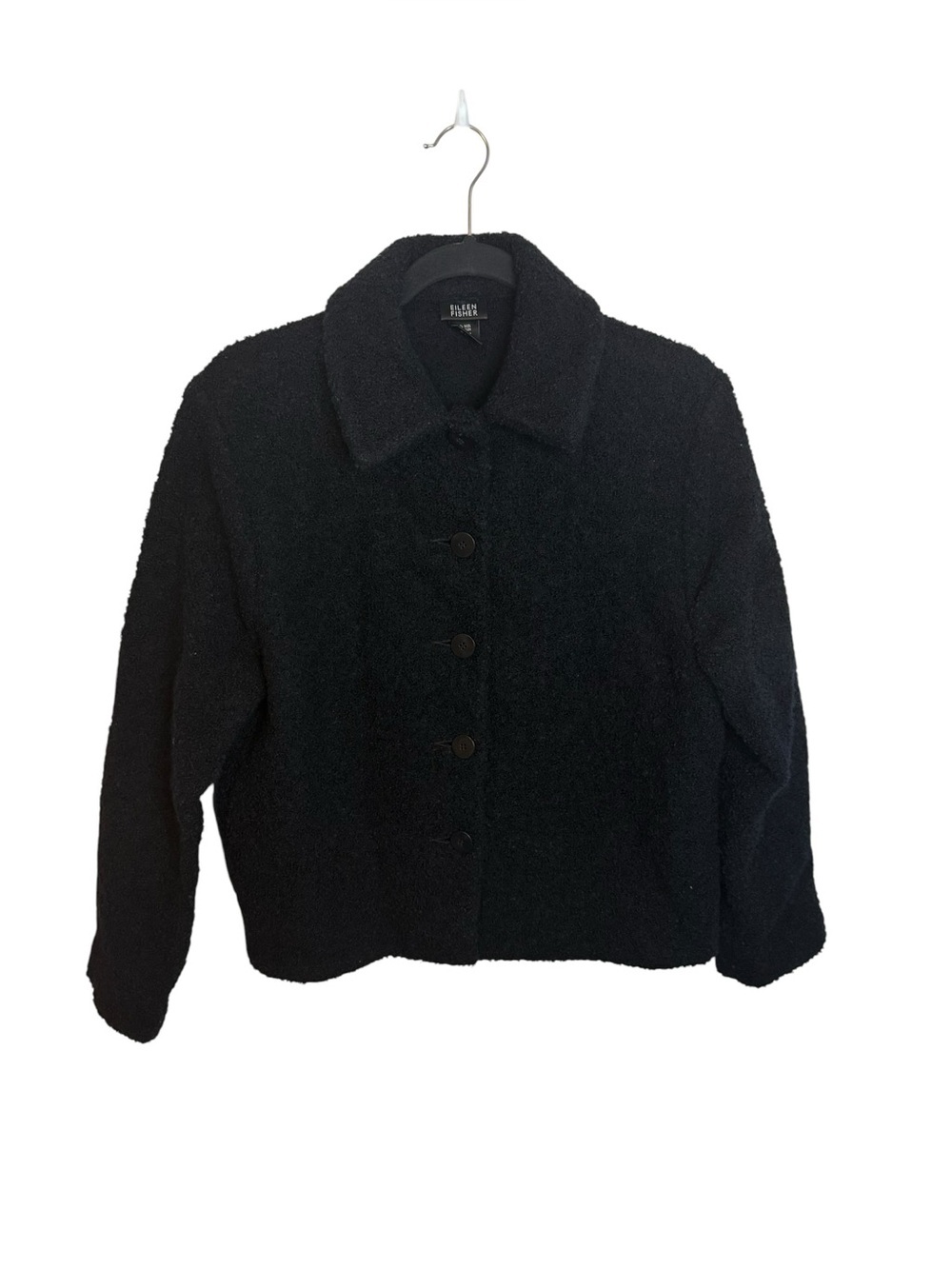 Eileen Fisher Black Wool Button Front Teddy Coat
